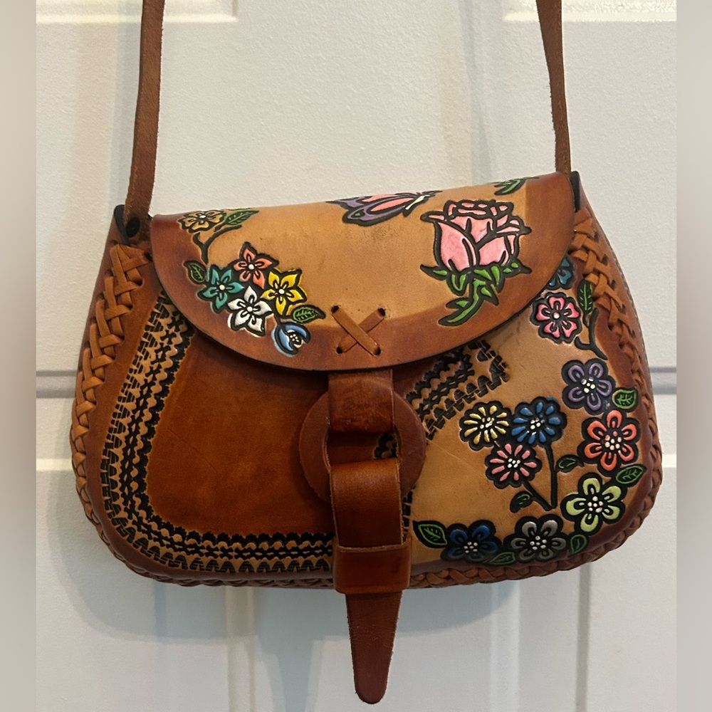 🇲🇽✨Vintage Mexican Hand Tooled Leather Crossbody Bag | Hand-Painted 🌹60s/70s☮️